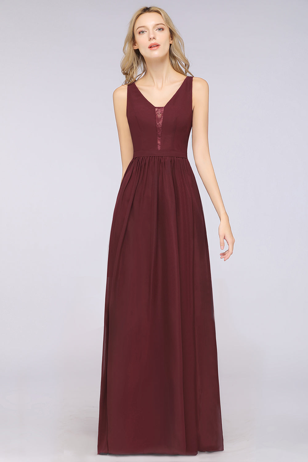Chic Ruffles Straps Chiffon Lace Burgundy Bridsmaid Dress - Fashionpara