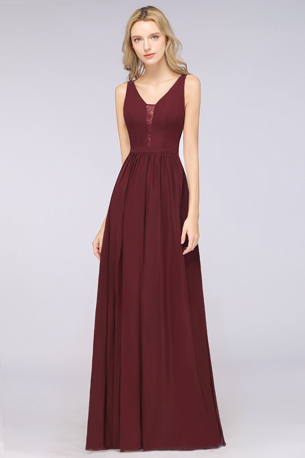 Chic Ruffles Straps Chiffon Lace Burgundy Bridsmaid Dress - Fashionpara