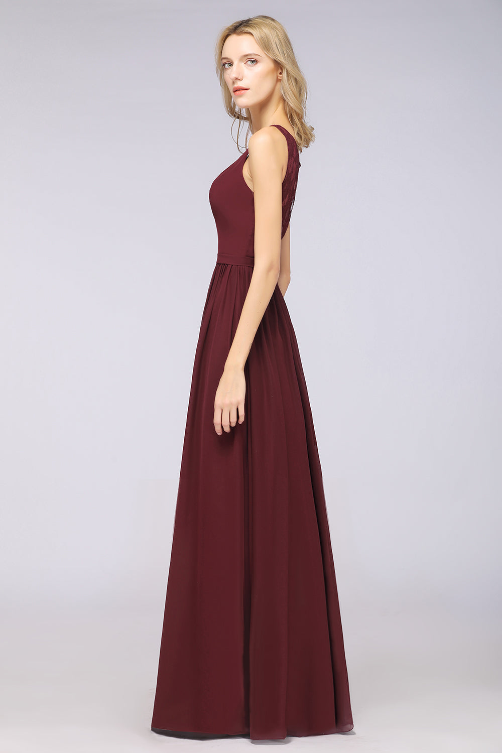Chic Ruffles Straps Chiffon Lace Burgundy Bridsmaid Dress - Fashionpara