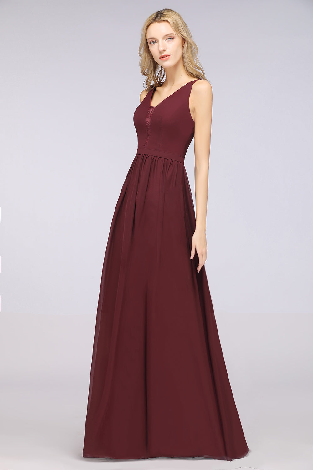 Chic Ruffles Straps Chiffon Lace Burgundy Bridsmaid Dress - Fashionpara