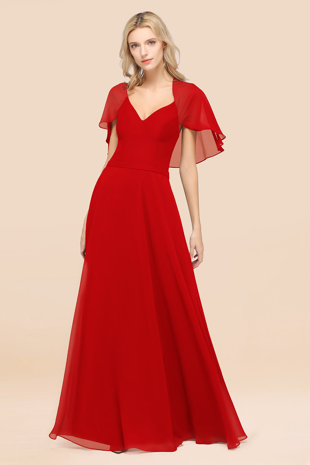 Chic Satin V-Neck Long Burgundy Chiffon Bridesmaid Dresses with Flutter Sleeve - Fashionpara
