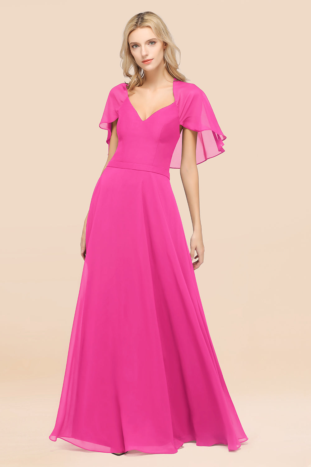 Chic Satin V-Neck Long Burgundy Chiffon Bridesmaid Dresses with Flutter Sleeve - Fashionpara