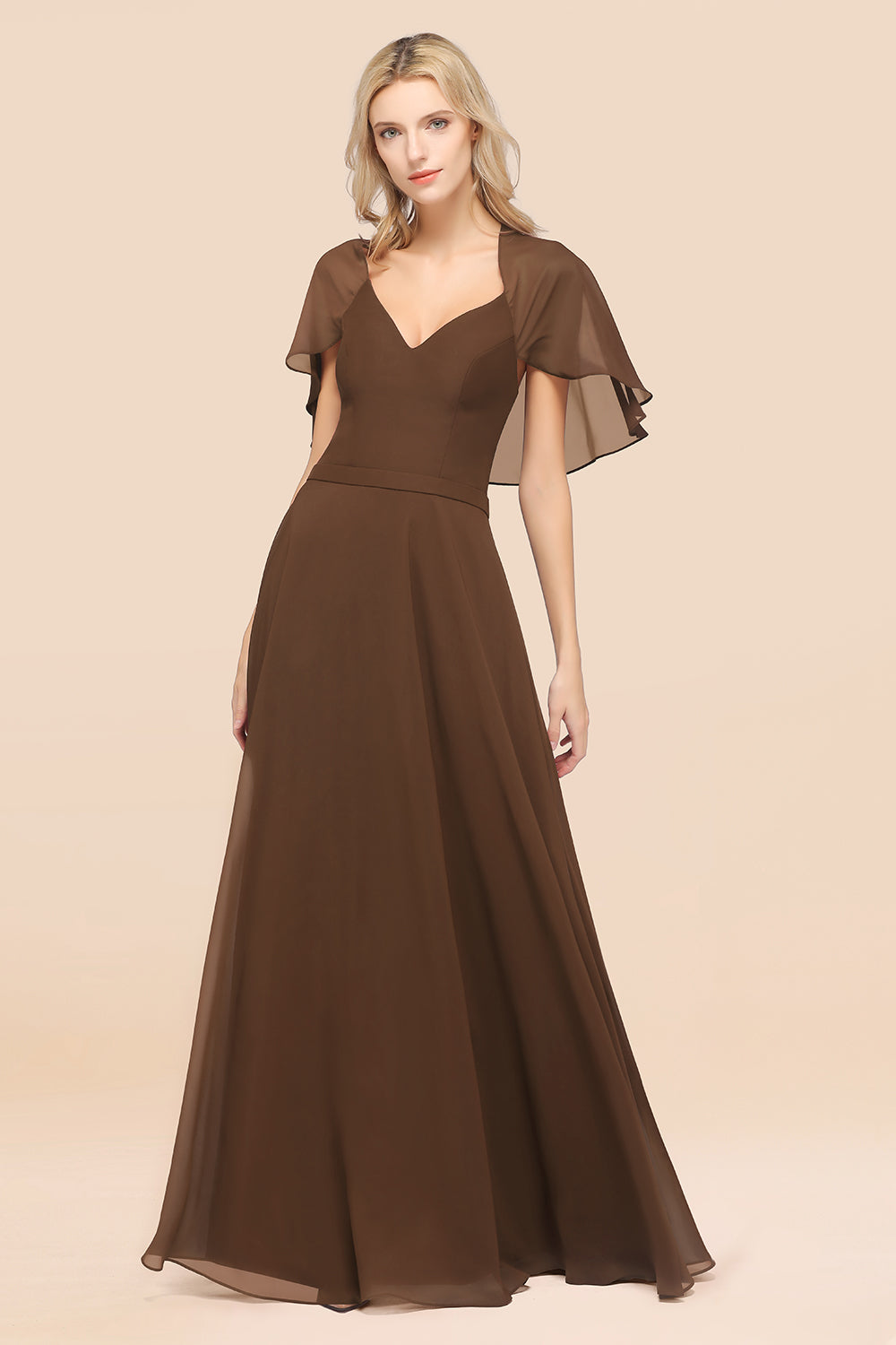 Chic Satin V-Neck Long Burgundy Chiffon Bridesmaid Dresses with Flutter Sleeve - Fashionpara
