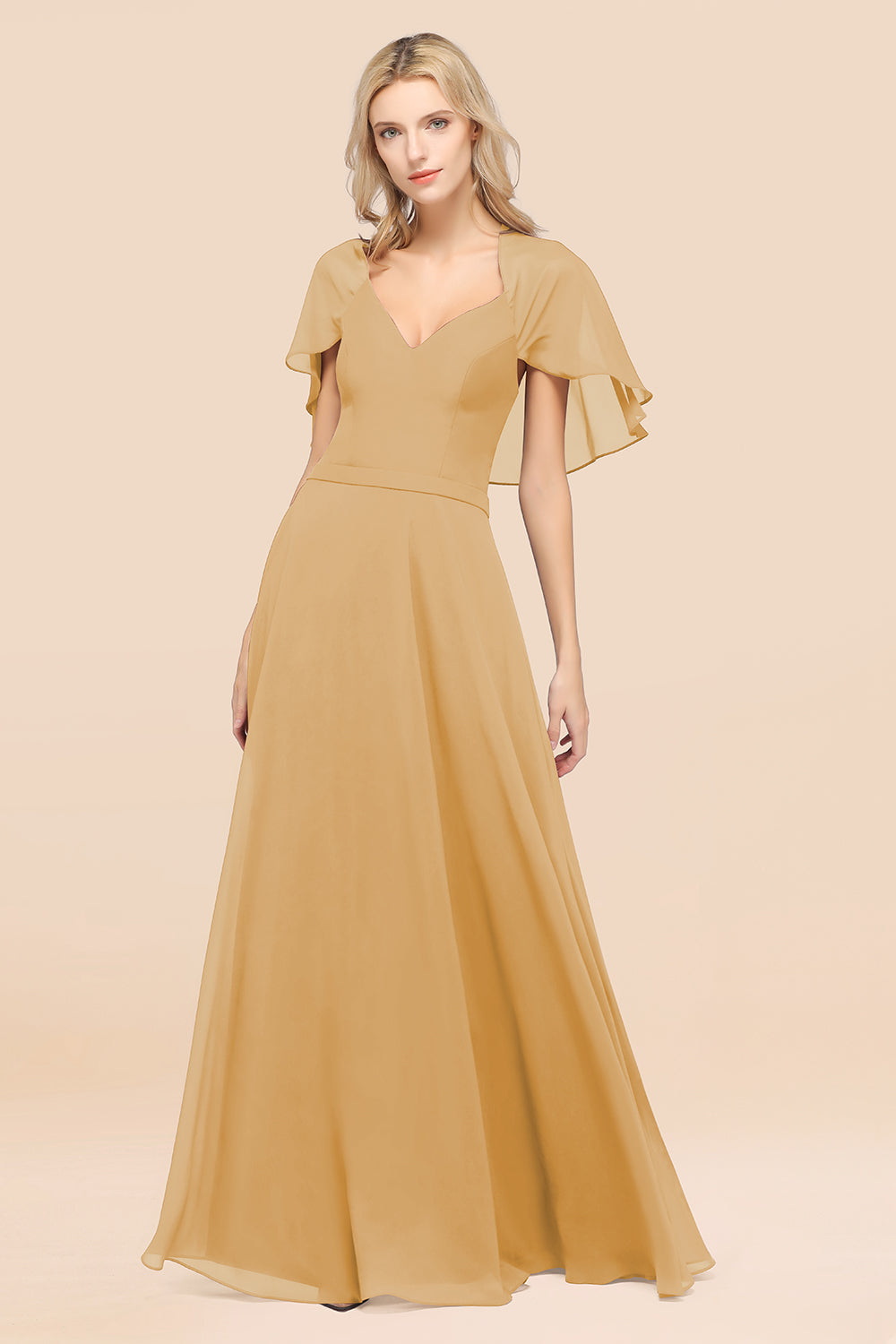 Chic Satin V-Neck Long Burgundy Chiffon Bridesmaid Dresses with Flutter Sleeve - Fashionpara