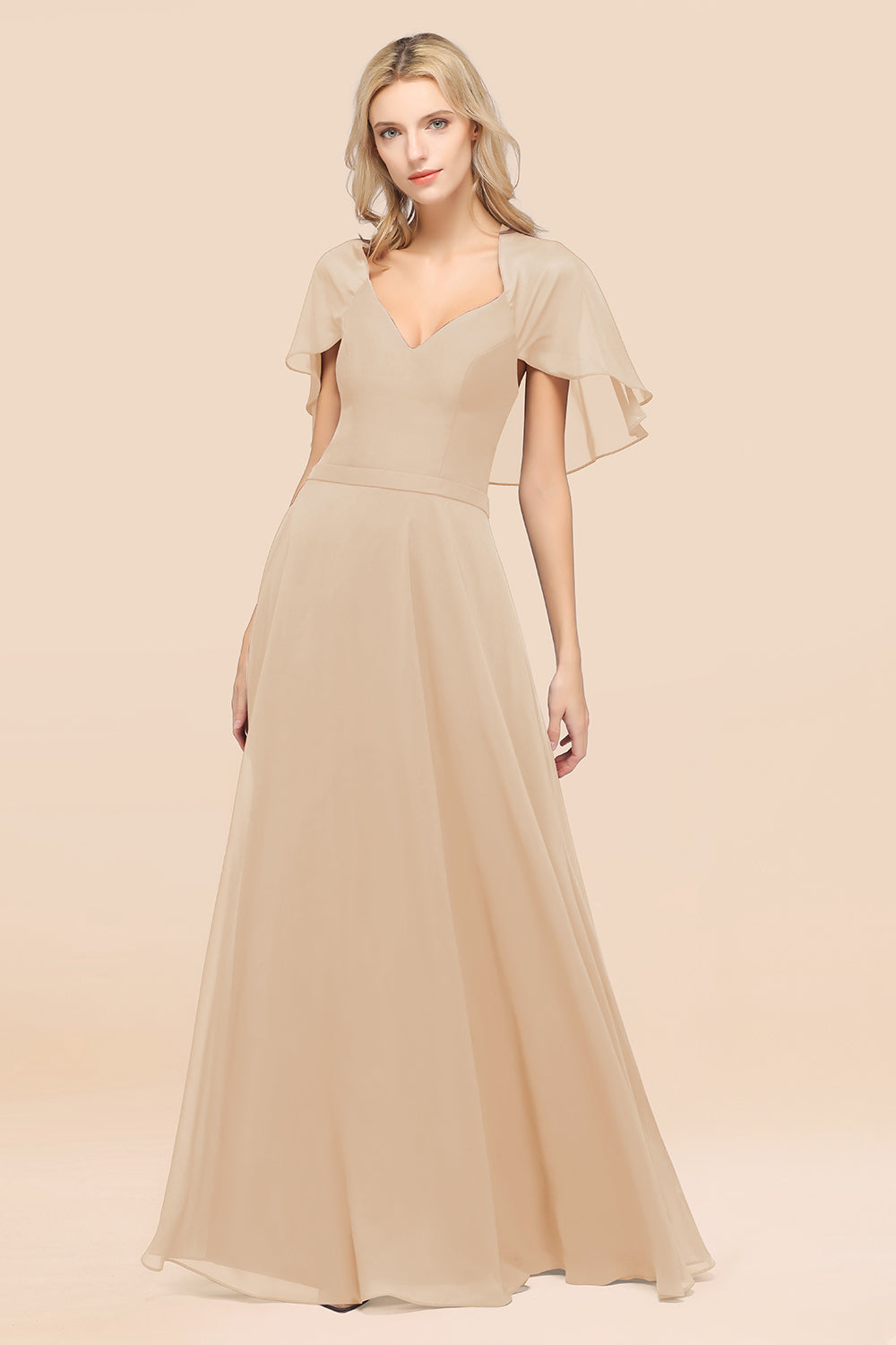 Chic Satin V-Neck Long Burgundy Chiffon Bridesmaid Dresses with Flutter Sleeve - Fashionpara