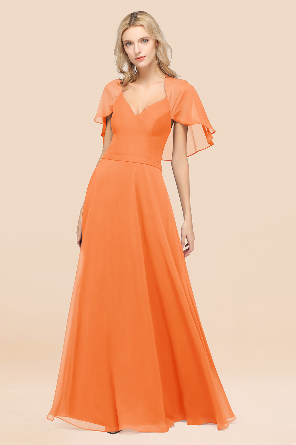 Chic Satin V-Neck Long Burgundy Chiffon Bridesmaid Dresses with Flutter Sleeve - Fashionpara