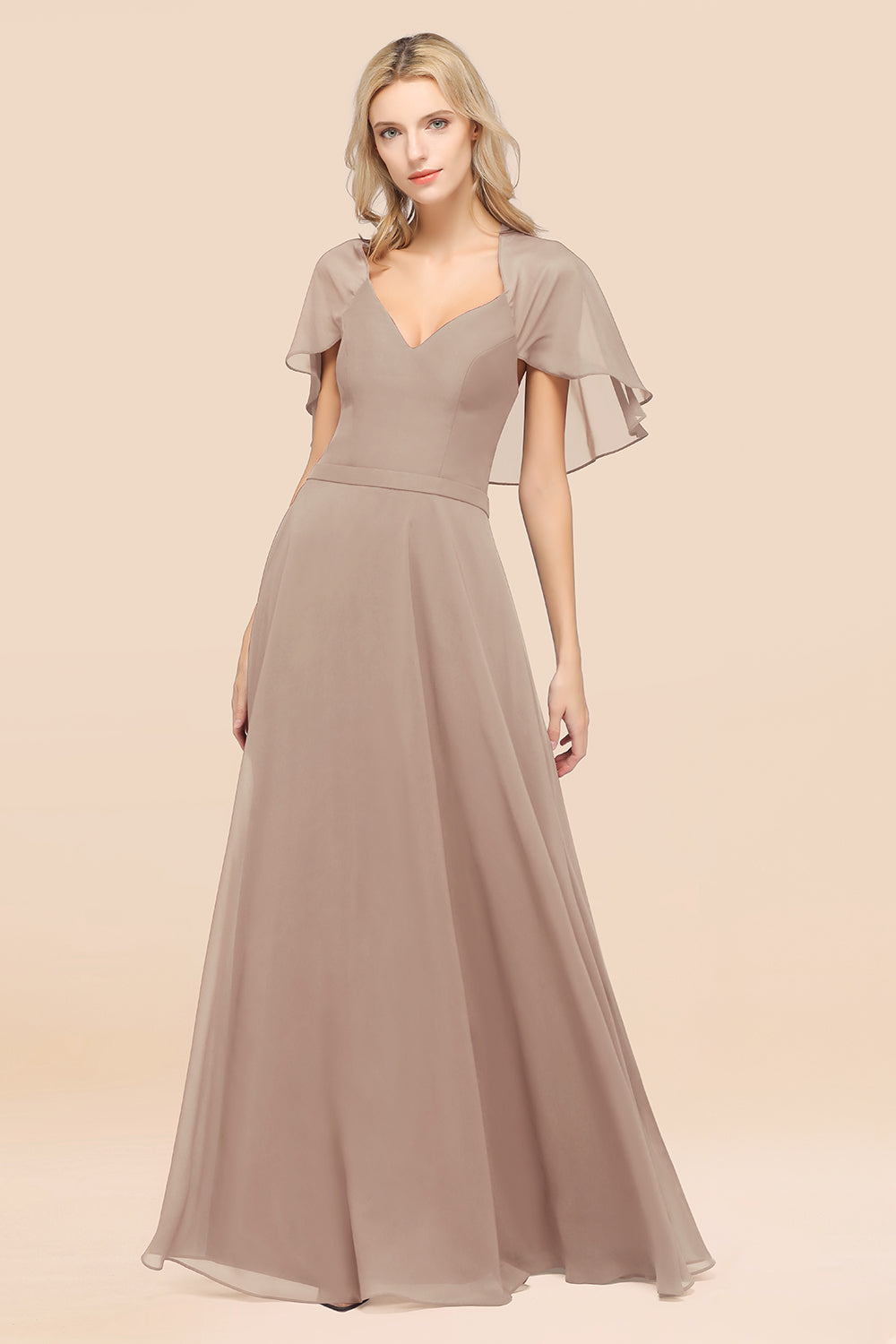 Chic Satin V-Neck Long Burgundy Chiffon Bridesmaid Dresses with Flutter Sleeve - Fashionpara