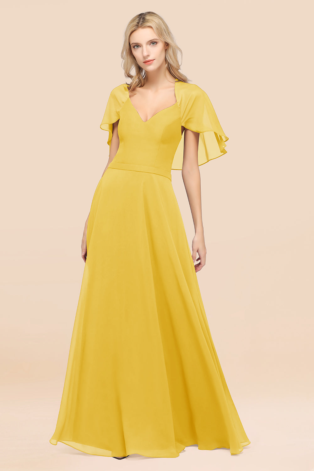 Chic Satin V-Neck Long Burgundy Chiffon Bridesmaid Dresses with Flutter Sleeve - Fashionpara
