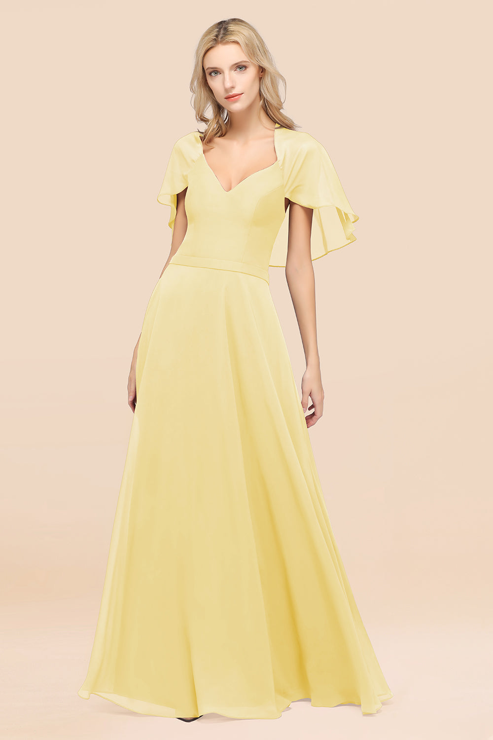 Chic Satin V-Neck Long Burgundy Chiffon Bridesmaid Dresses with Flutter Sleeve - Fashionpara