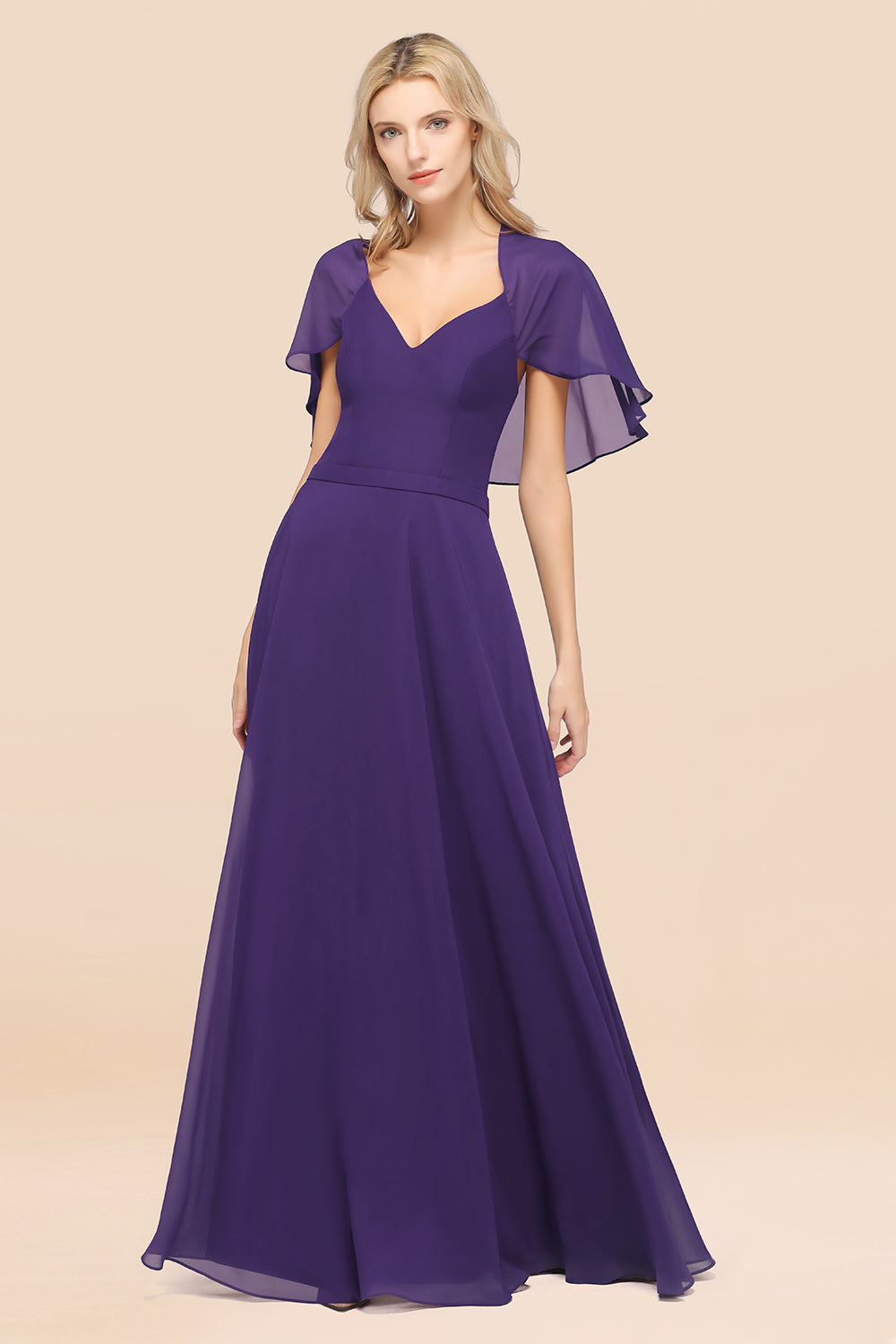 Chic Satin V-Neck Long Burgundy Chiffon Bridesmaid Dresses with Flutter Sleeve - Fashionpara