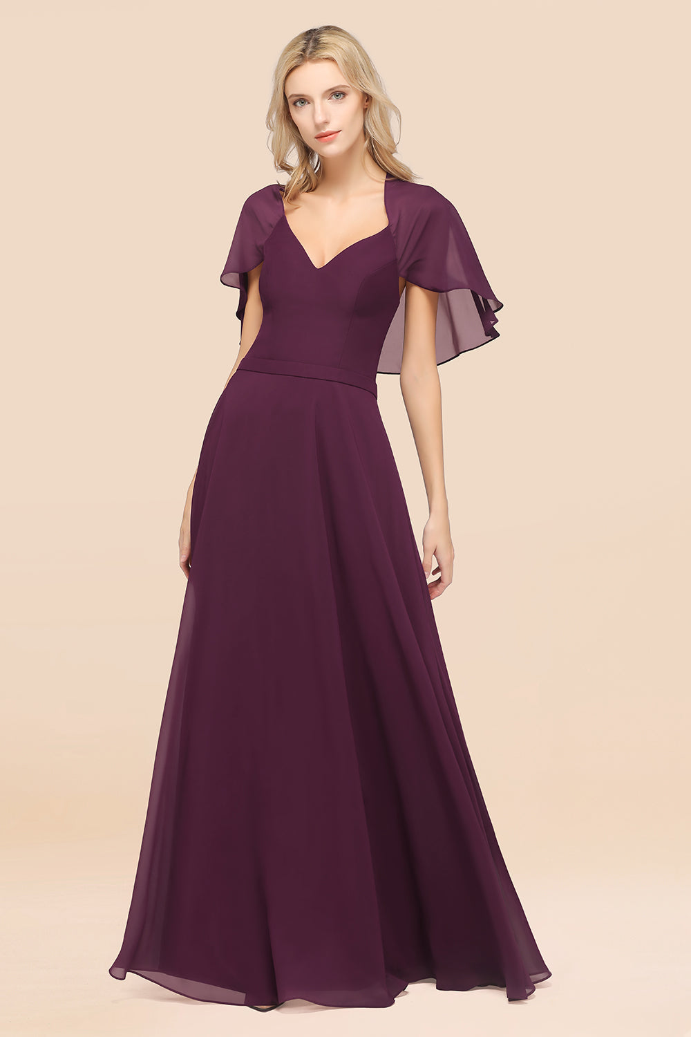 Chic Satin V-Neck Long Burgundy Chiffon Bridesmaid Dresses with Flutter Sleeve - Fashionpara
