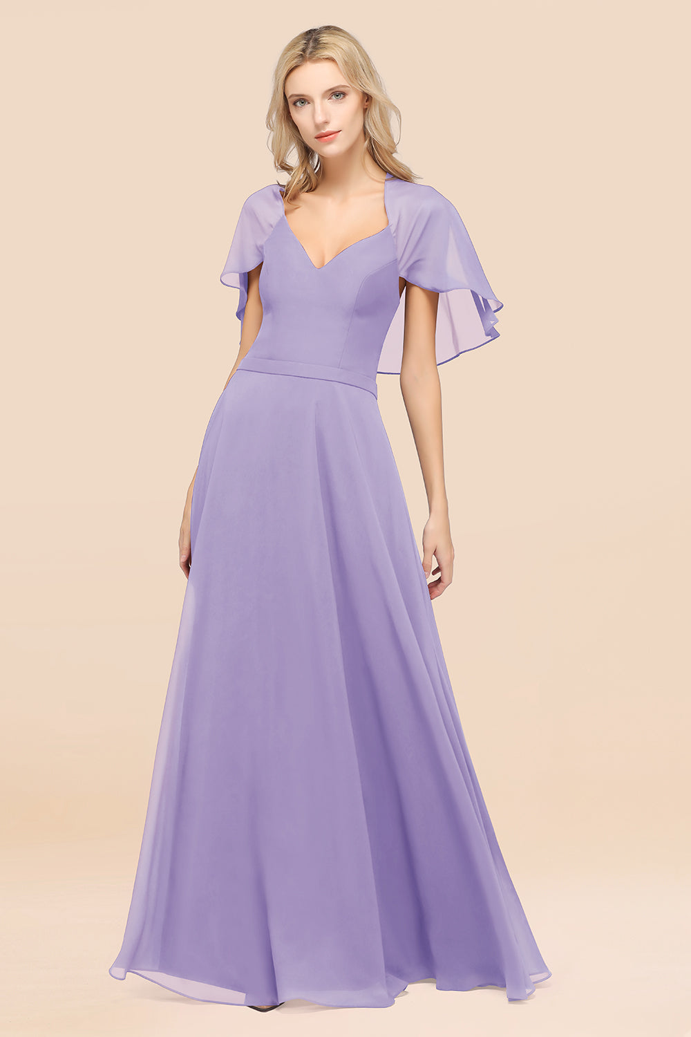 Chic Satin V-Neck Long Burgundy Chiffon Bridesmaid Dresses with Flutter Sleeve - Fashionpara