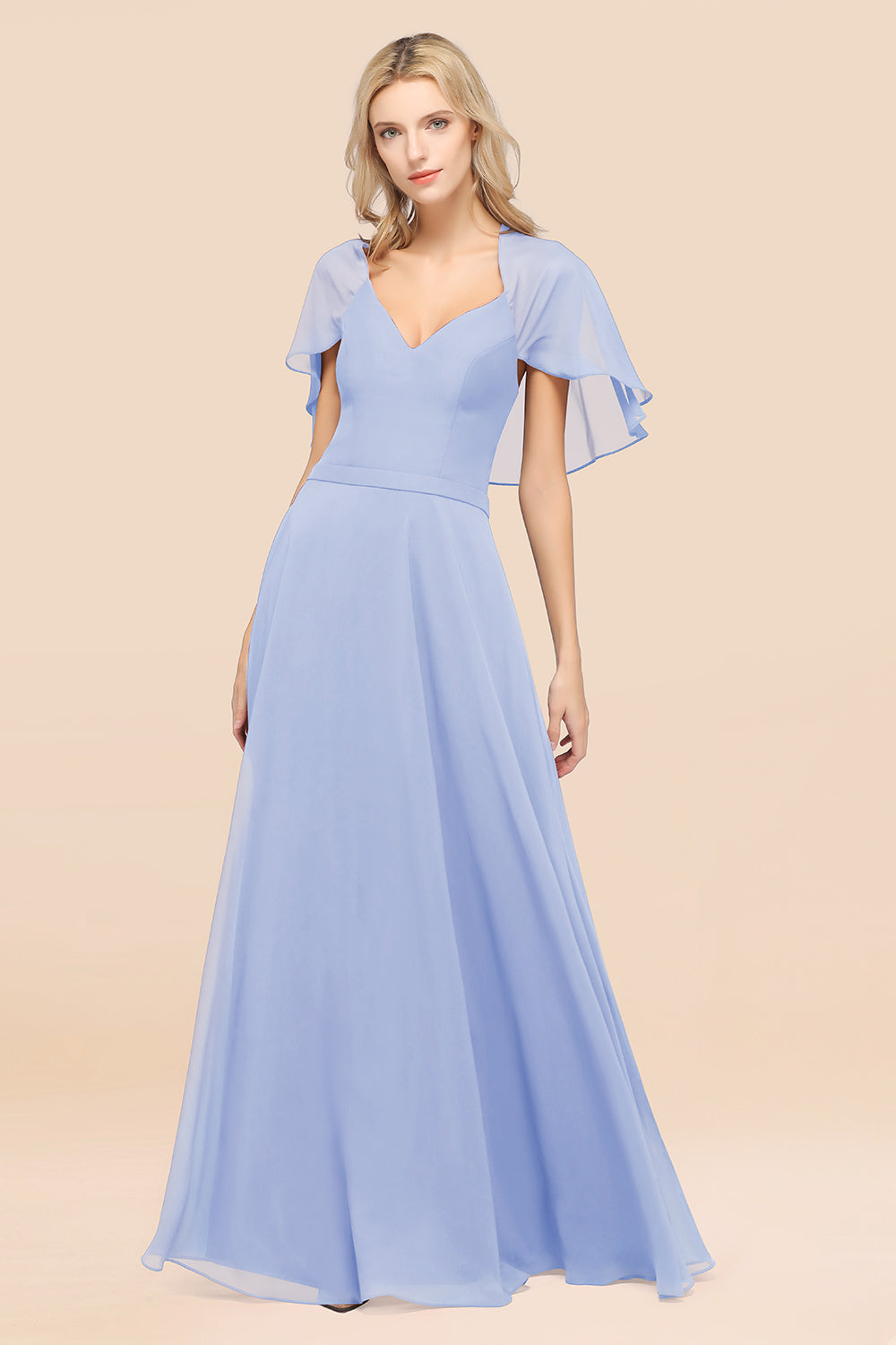 Chic Satin V-Neck Long Burgundy Chiffon Bridesmaid Dresses with Flutter Sleeve - Fashionpara