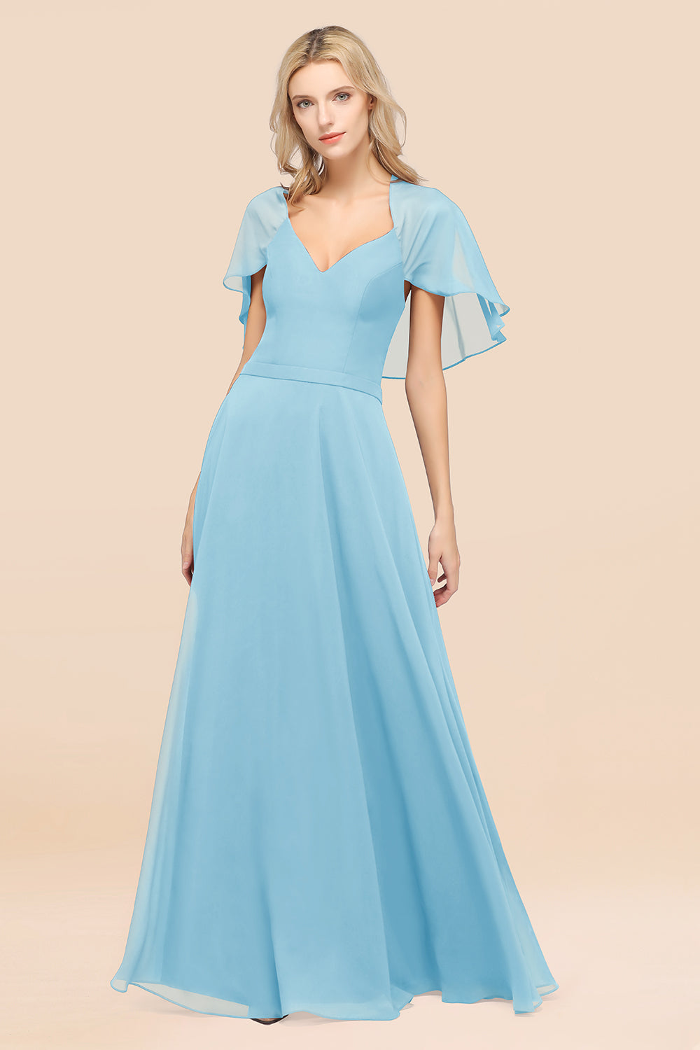 Chic Satin V-Neck Long Burgundy Chiffon Bridesmaid Dresses with Flutter Sleeve - Fashionpara