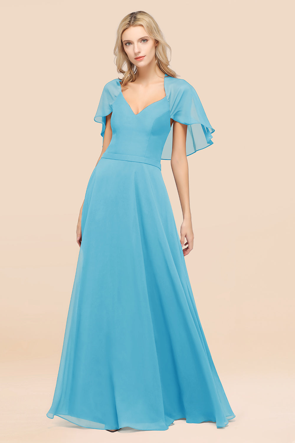 Chic Satin V-Neck Long Burgundy Chiffon Bridesmaid Dresses with Flutter Sleeve - Fashionpara