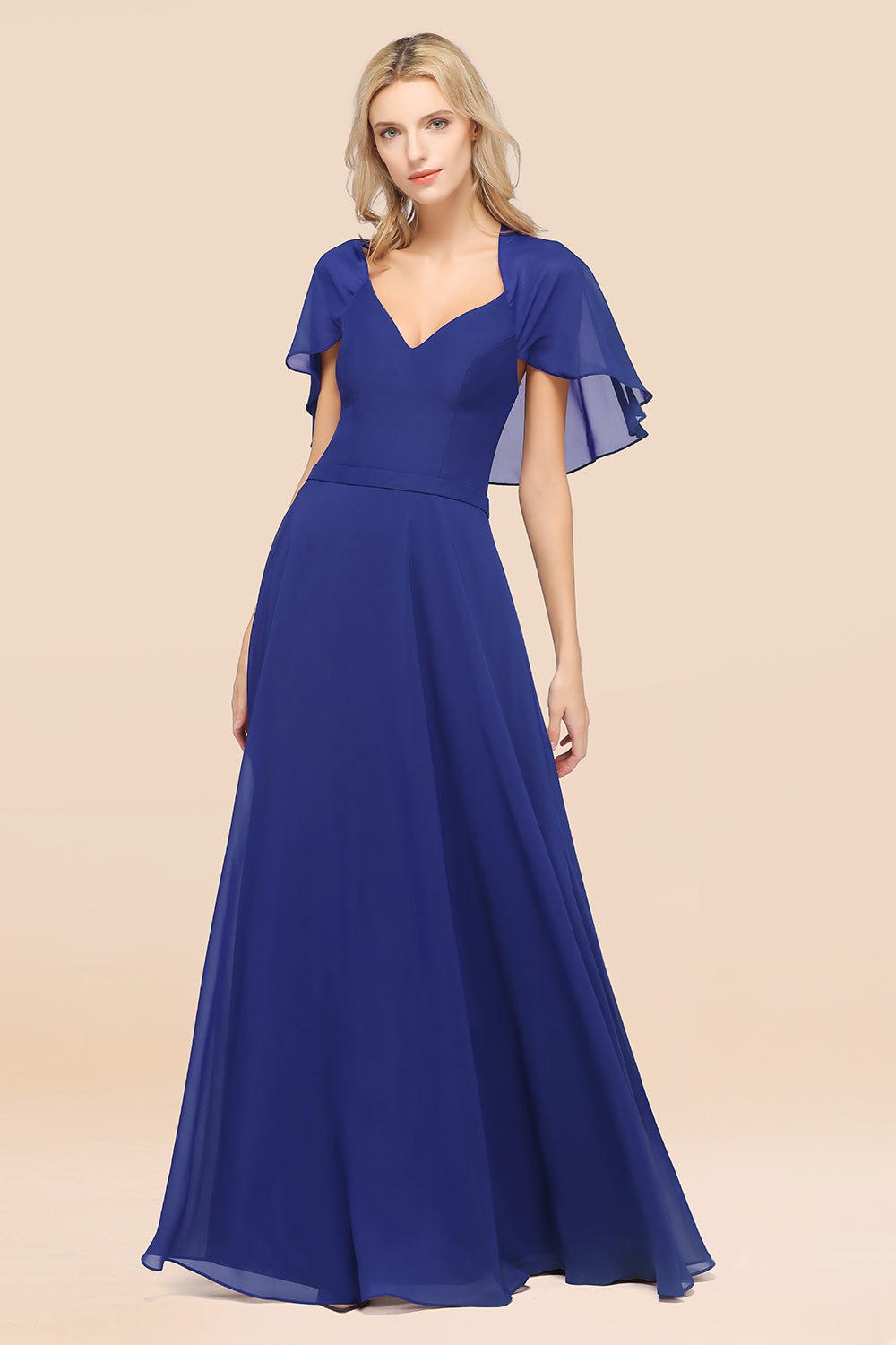 Chic Satin V-Neck Long Burgundy Chiffon Bridesmaid Dresses with Flutter Sleeve - Fashionpara