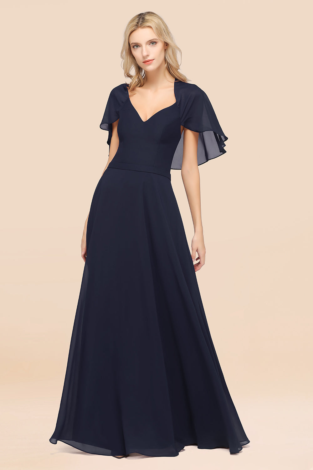 Chic Satin V-Neck Long Burgundy Chiffon Bridesmaid Dresses with Flutter Sleeve - Fashionpara