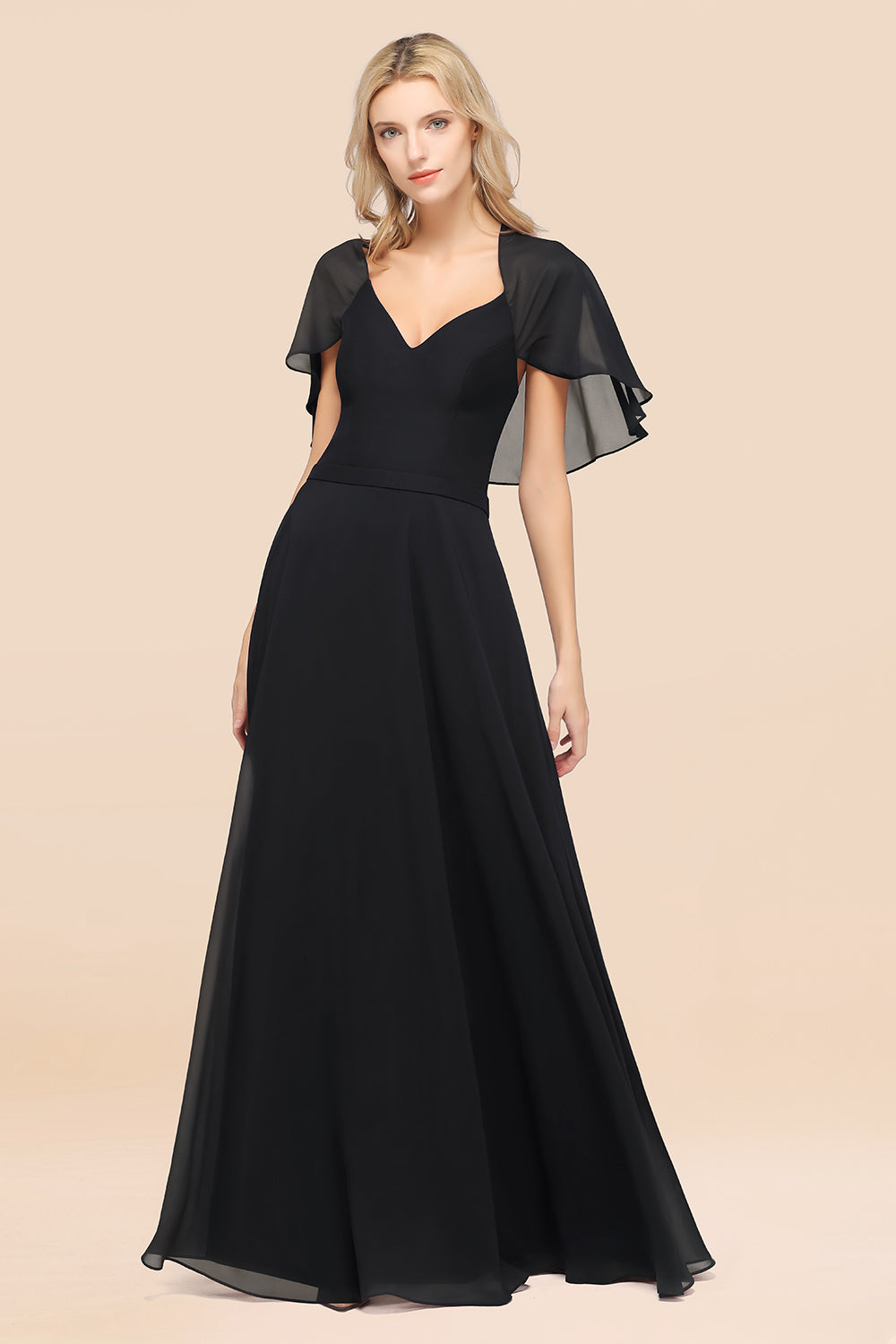 Chic Satin V-Neck Long Burgundy Chiffon Bridesmaid Dresses with Flutter Sleeve - Fashionpara