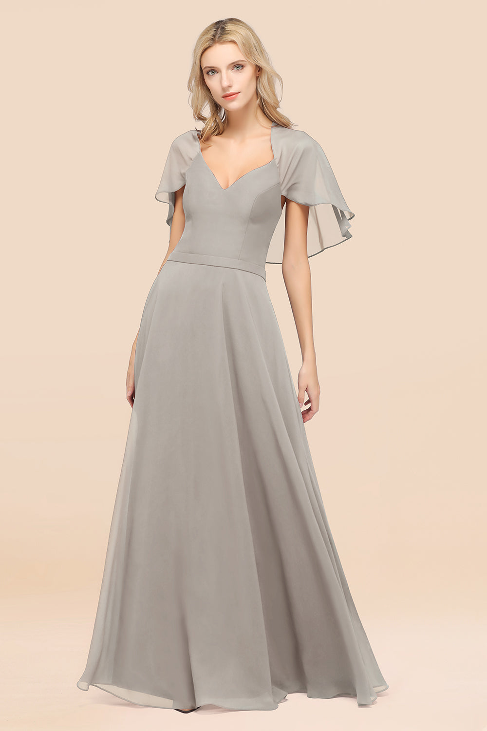 Chic Satin V-Neck Long Burgundy Chiffon Bridesmaid Dresses with Flutter Sleeve - Fashionpara