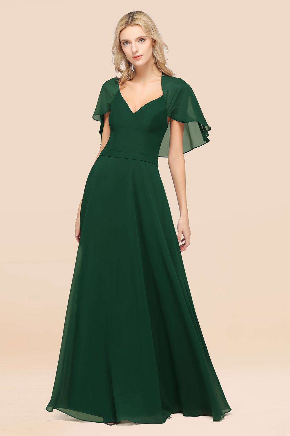 Chic Satin V-Neck Long Burgundy Chiffon Bridesmaid Dresses with Flutter Sleeve - Fashionpara