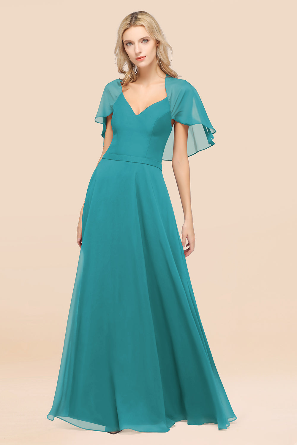 Chic Satin V-Neck Long Burgundy Chiffon Bridesmaid Dresses with Flutter Sleeve