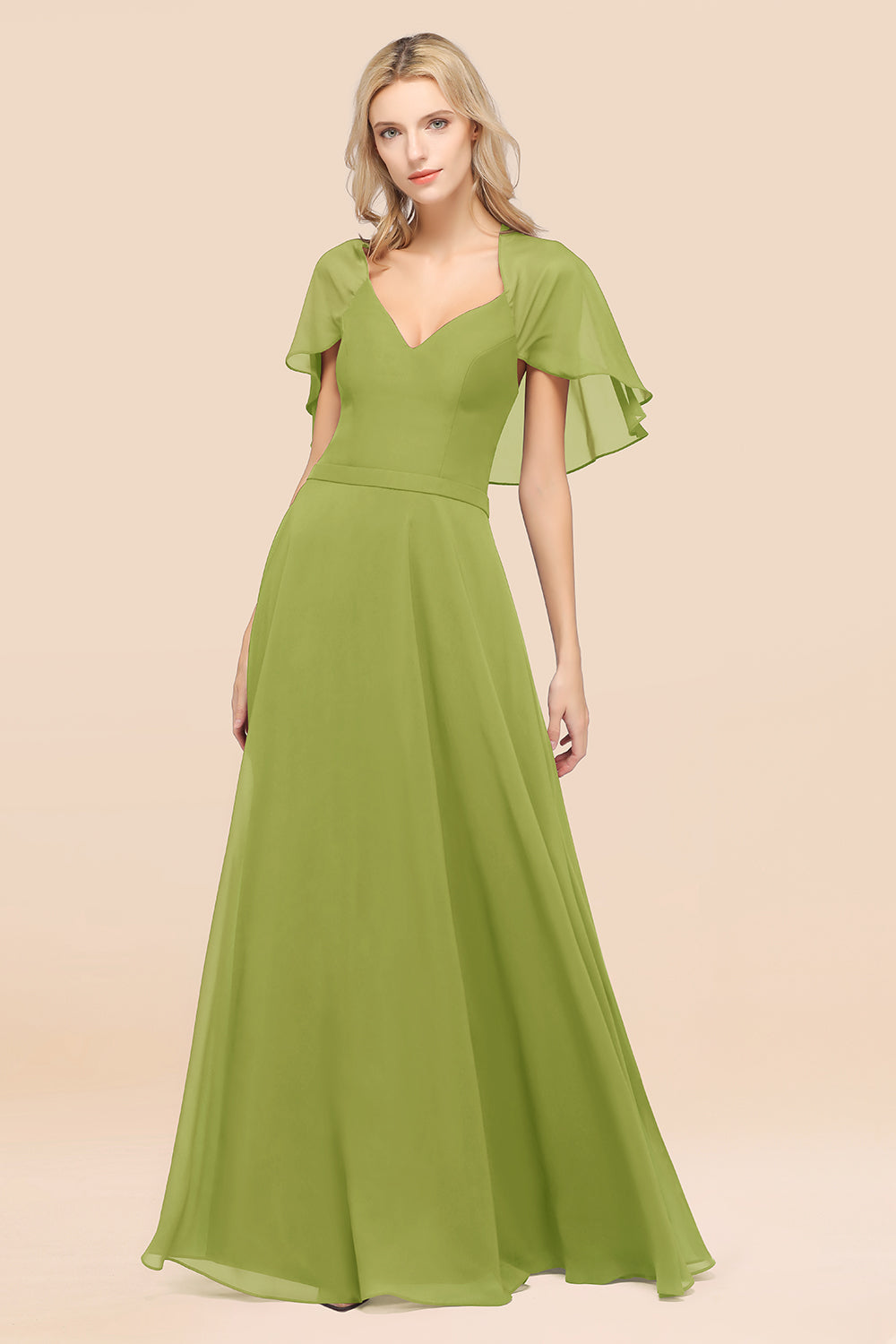 Chic Satin V-Neck Long Burgundy Chiffon Bridesmaid Dresses with Flutter Sleeve