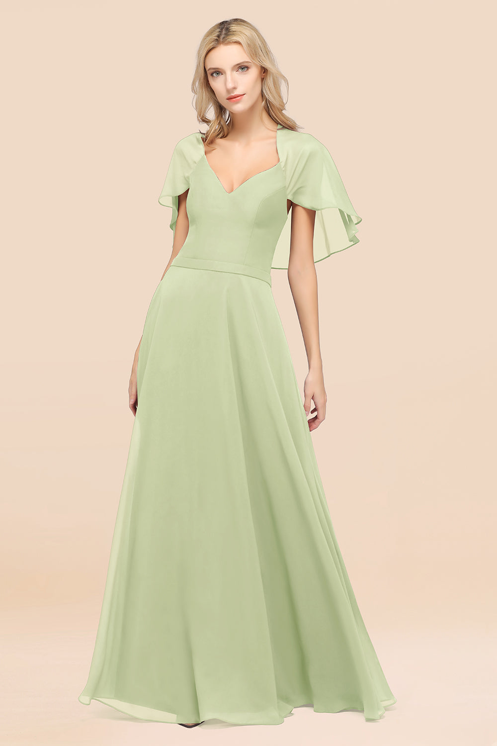 Chic Satin V-Neck Long Burgundy Chiffon Bridesmaid Dresses with Flutter Sleeve