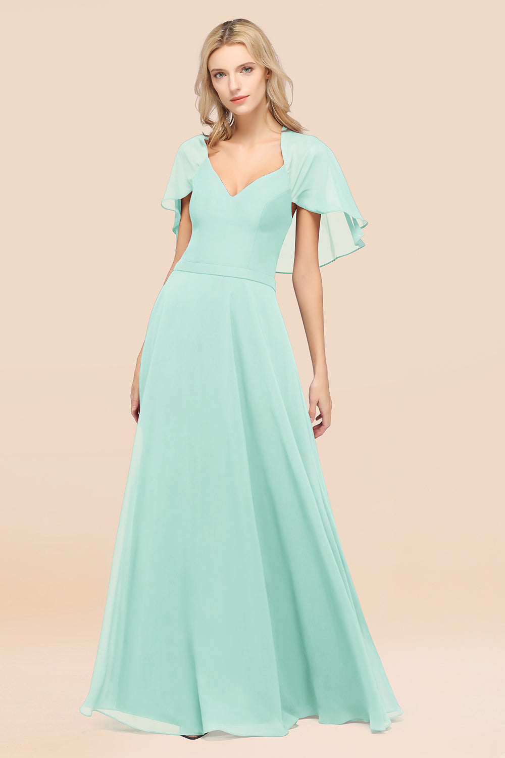 Chic Satin V-Neck Long Burgundy Chiffon Bridesmaid Dresses with Flutter Sleeve