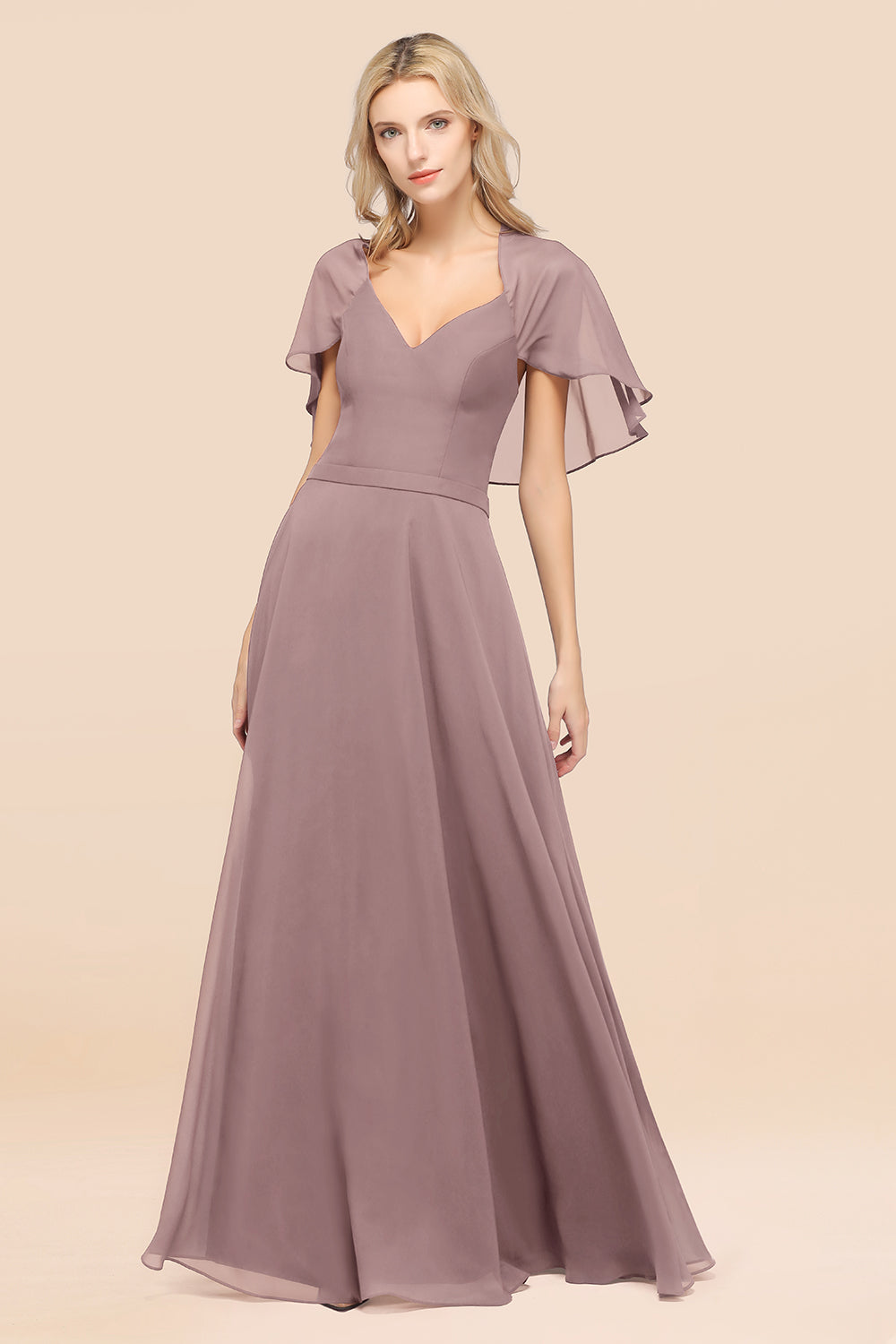 Chic Satin V-Neck Long Burgundy Chiffon Bridesmaid Dresses with Flutter Sleeve