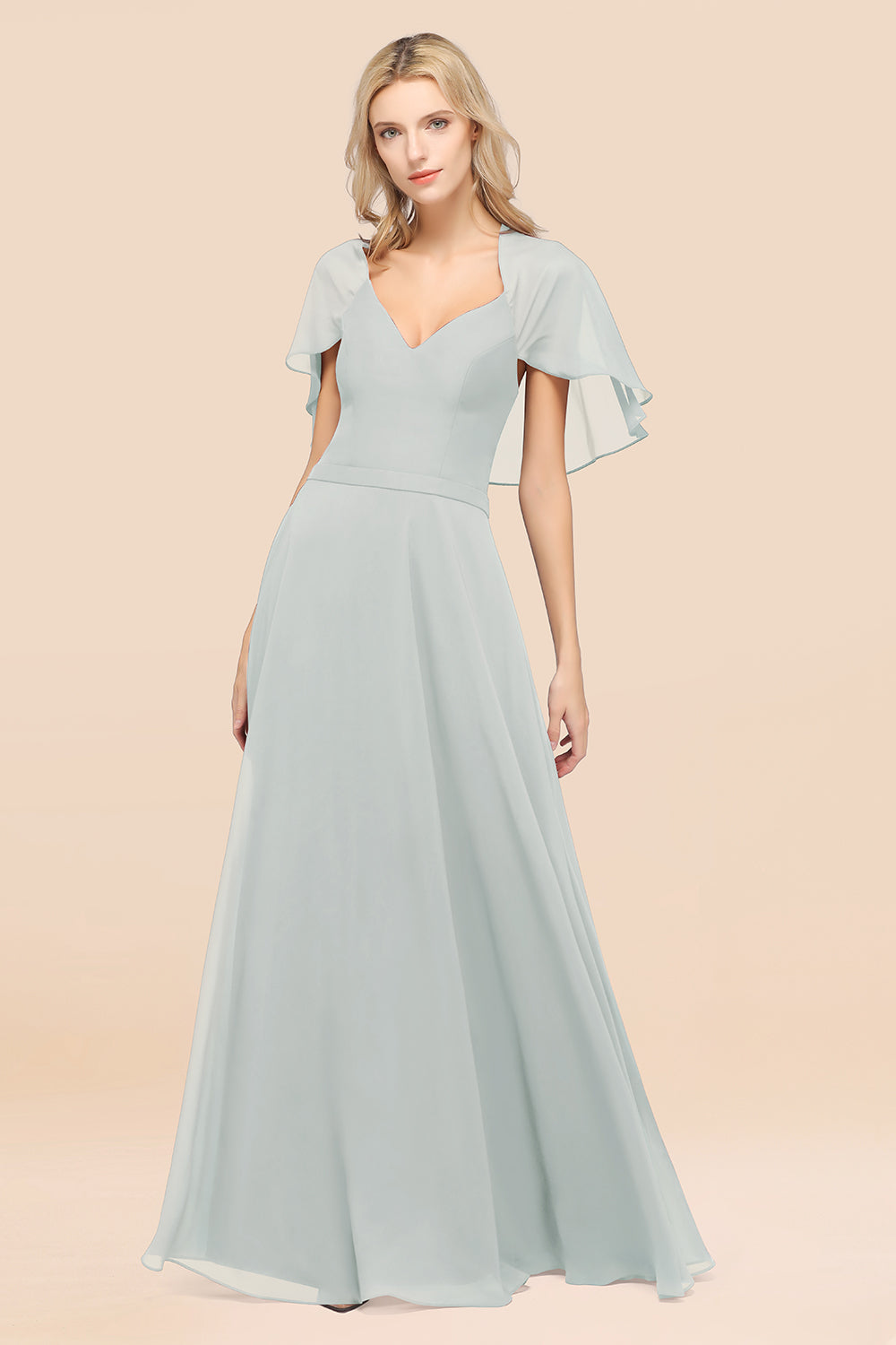 Chic Satin V-Neck Long Burgundy Chiffon Bridesmaid Dresses with Flutter Sleeve