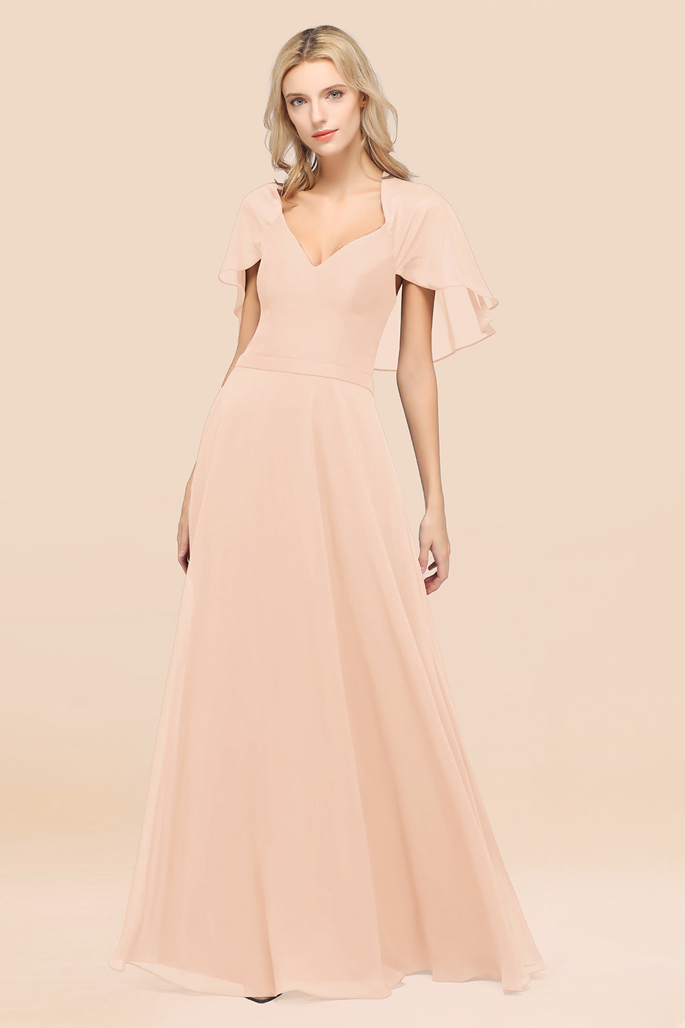 Chic Satin V-Neck Long Burgundy Chiffon Bridesmaid Dresses with Flutter Sleeve - Fashionpara