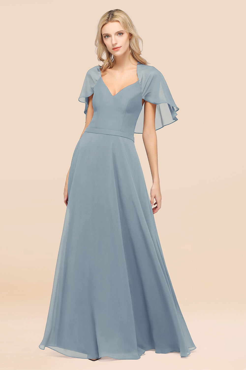 Chic Satin V-Neck Long Burgundy Chiffon Bridesmaid Dresses with Flutter Sleeve