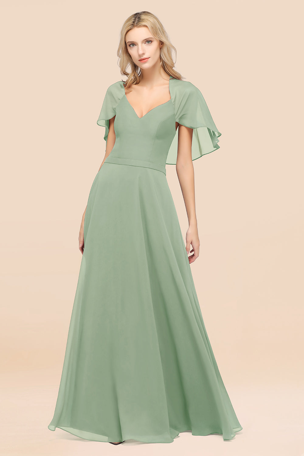 Chic Satin V-Neck Long Burgundy Chiffon Bridesmaid Dresses with Flutter Sleeve