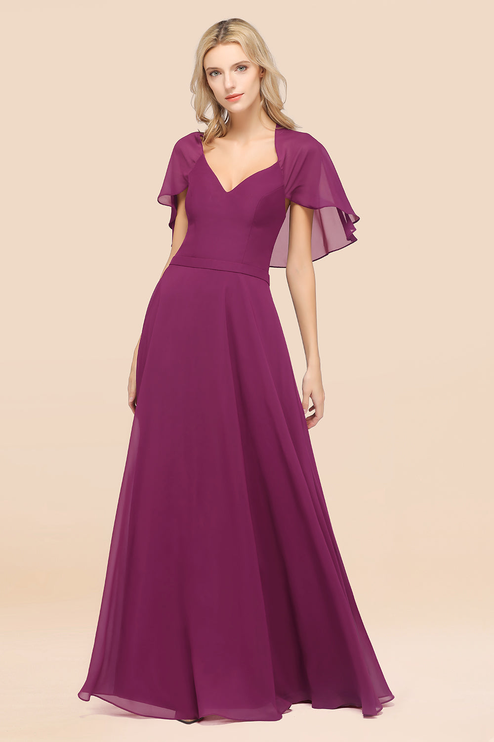 Chic Satin V-Neck Long Burgundy Chiffon Bridesmaid Dresses with Flutter Sleeve