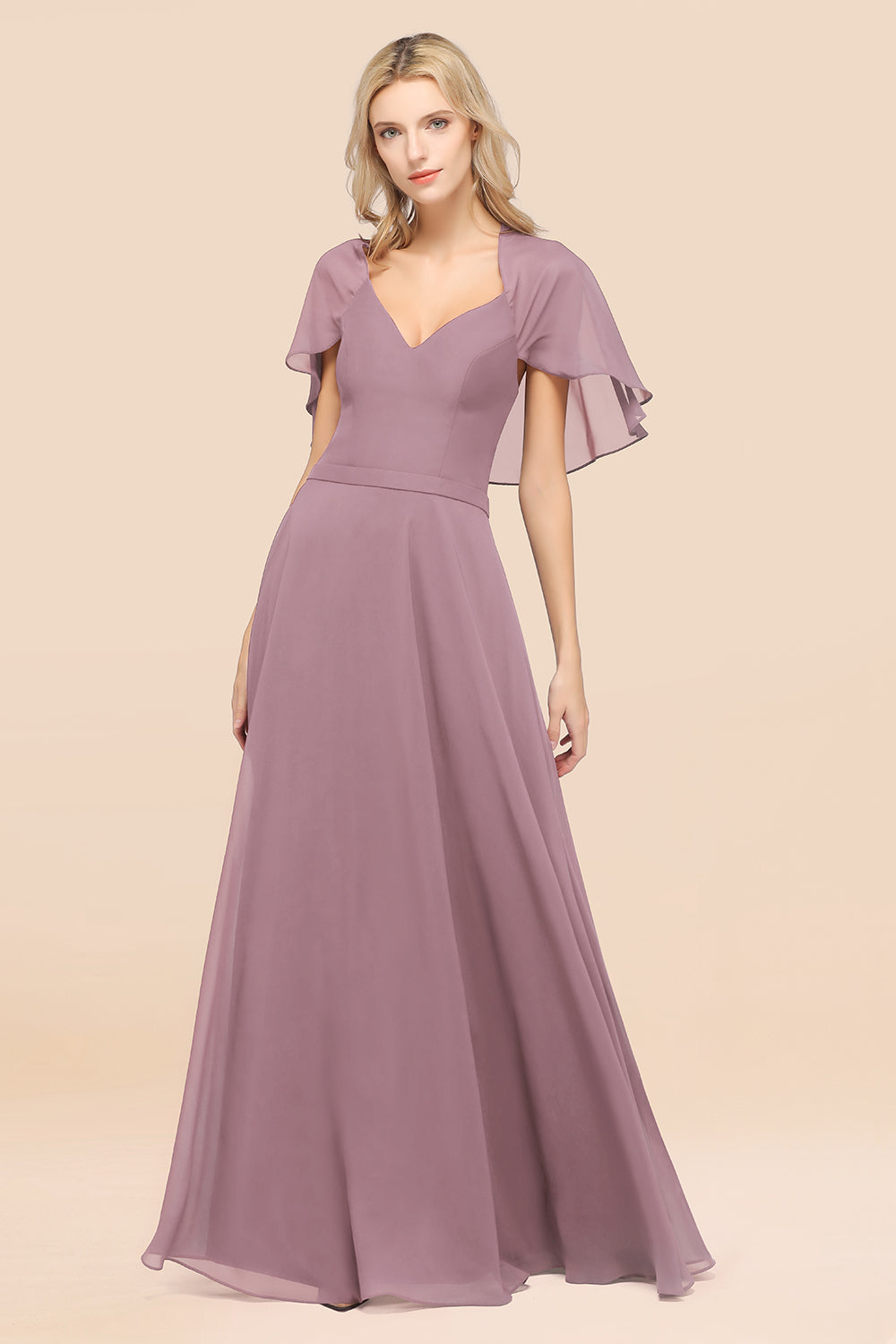 Chic Satin V-Neck Long Burgundy Chiffon Bridesmaid Dresses with Flutter Sleeve