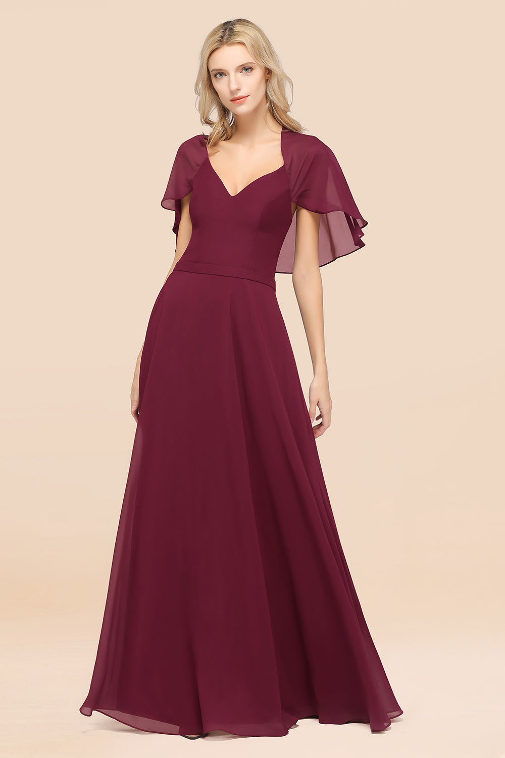 Chic Satin V-Neck Long Burgundy Chiffon Bridesmaid Dresses with Flutter Sleeve