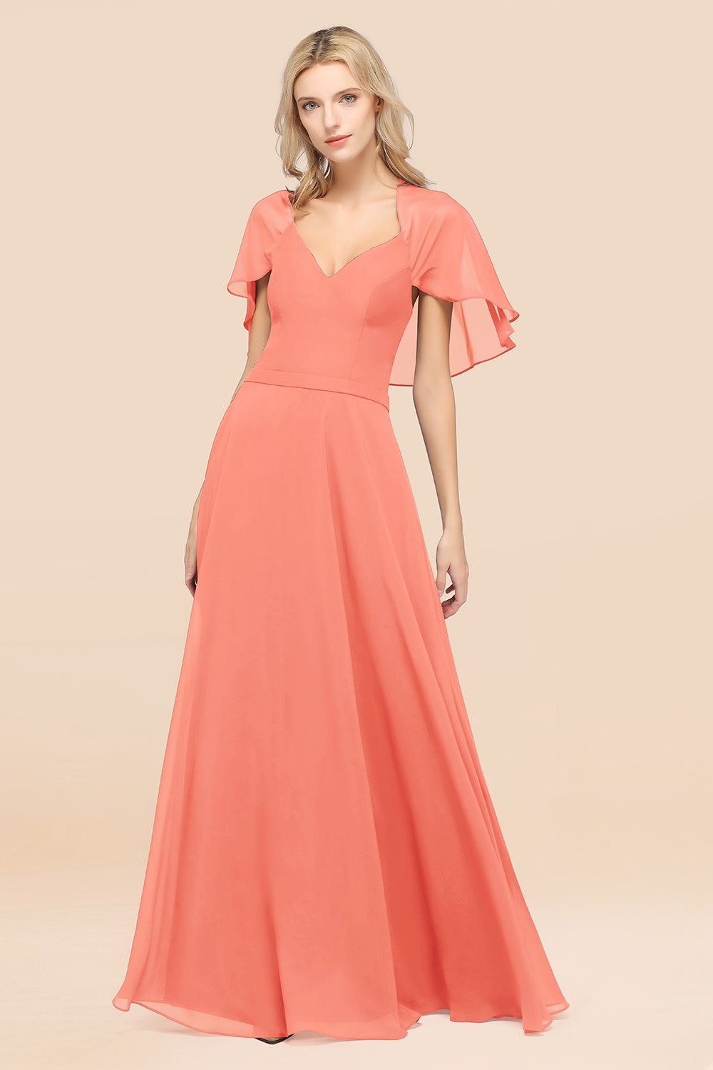 Chic Satin V-Neck Long Burgundy Chiffon Bridesmaid Dresses with Flutter Sleeve