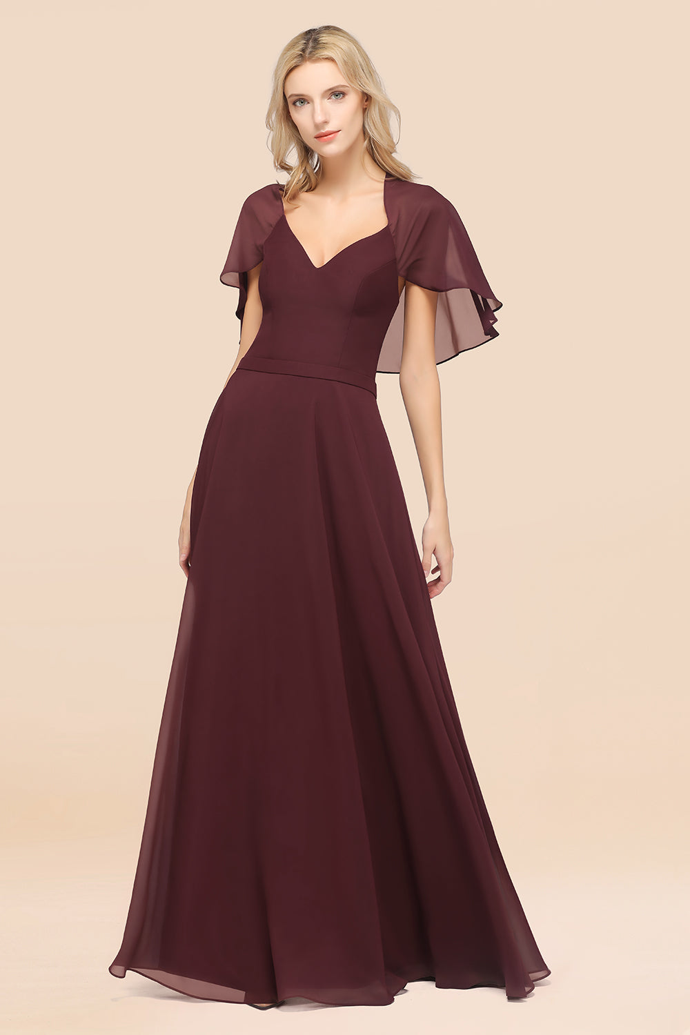 Chic Satin V-Neck Long Burgundy Chiffon Bridesmaid Dresses with Flutter Sleeve