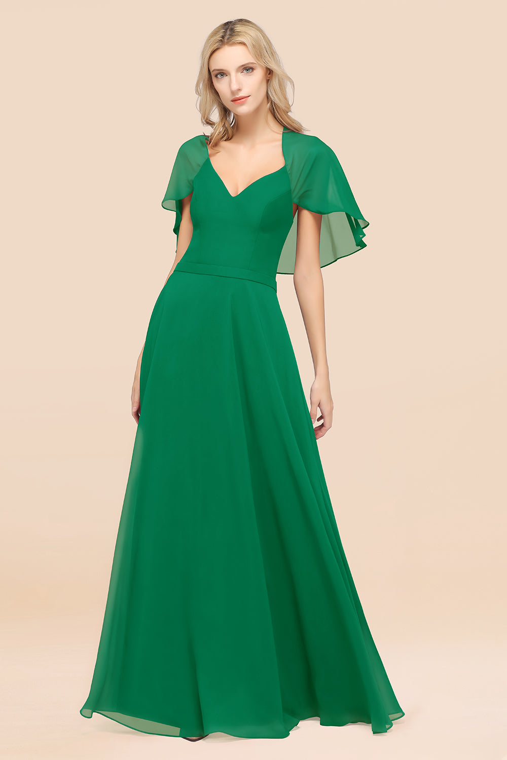 Chic Satin V-Neck Long Burgundy Chiffon Bridesmaid Dresses with Flutter Sleeve