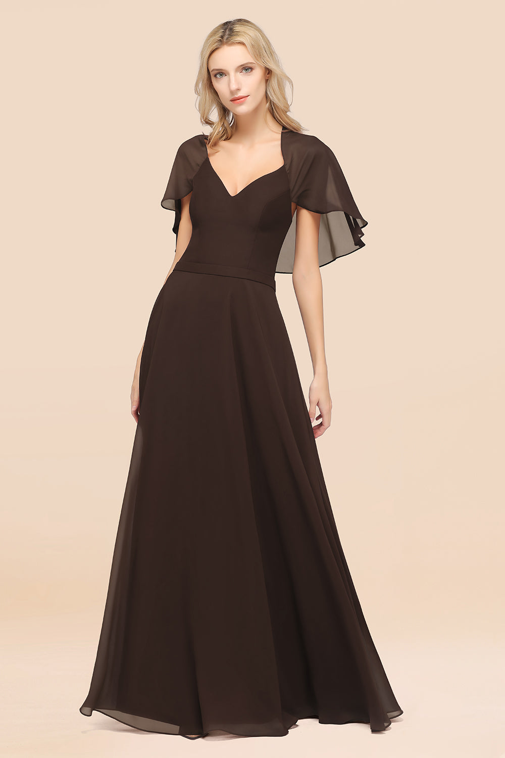 Chic Satin V-Neck Long Burgundy Chiffon Bridesmaid Dresses with Flutter Sleeve - Fashionpara