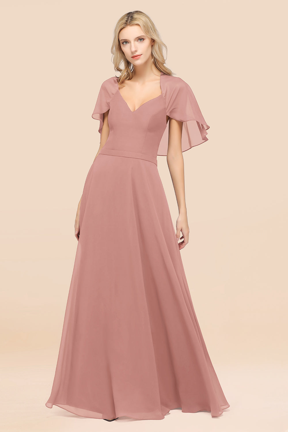 Chic Satin V-Neck Long Burgundy Chiffon Bridesmaid Dresses with Flutter Sleeve