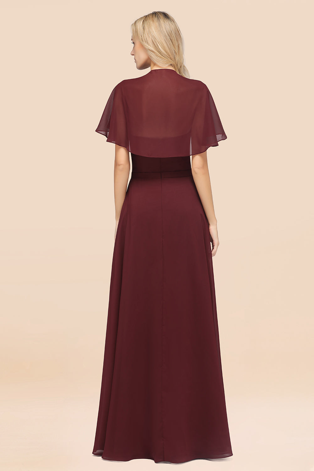 Chic Satin V-Neck Long Burgundy Chiffon Bridesmaid Dresses with Flutter Sleeve