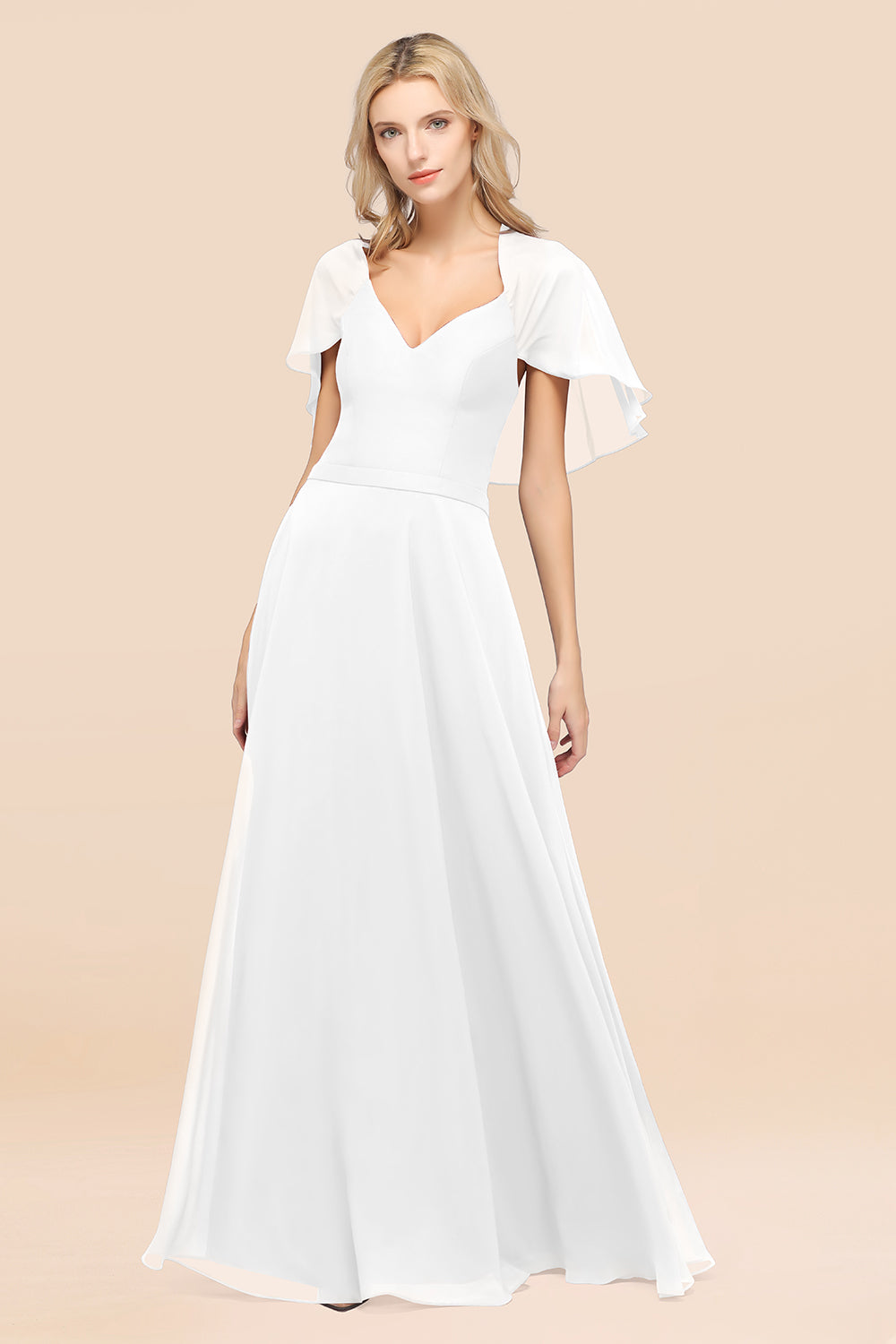 Chic Satin V-Neck Long Burgundy Chiffon Bridesmaid Dresses with Flutter Sleeve - Fashionpara