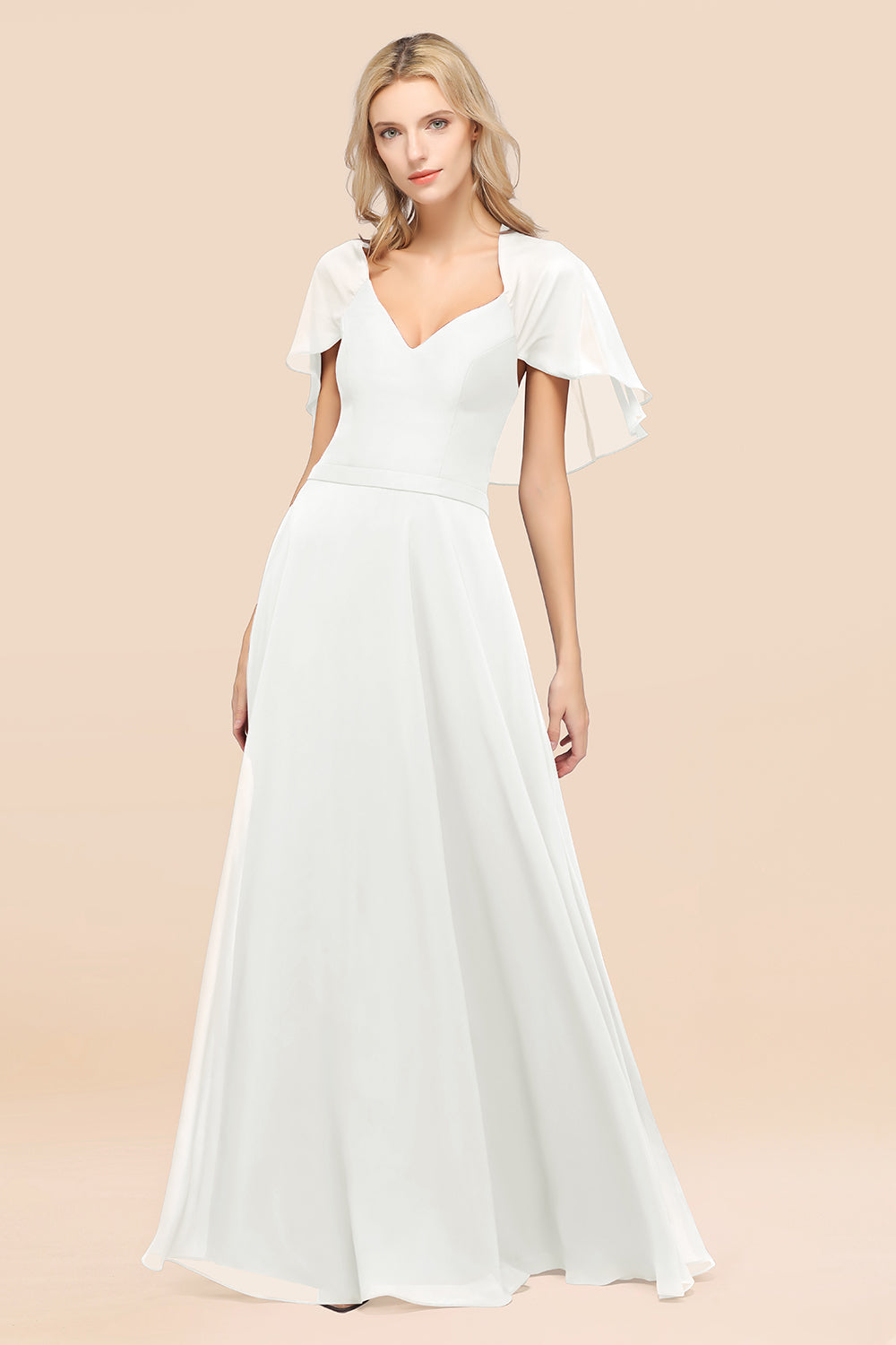 Chic Satin V-Neck Long Burgundy Chiffon Bridesmaid Dresses with Flutter Sleeve - Fashionpara