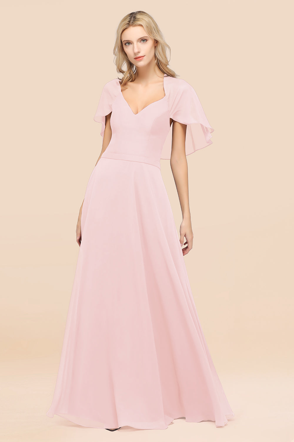 Chic Satin V-Neck Long Burgundy Chiffon Bridesmaid Dresses with Flutter Sleeve - Fashionpara