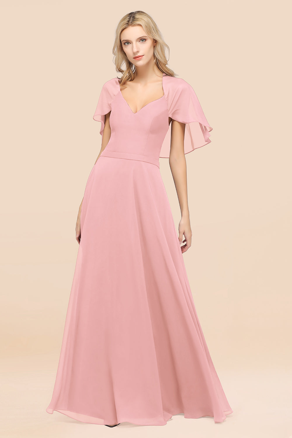 Chic Satin V-Neck Long Burgundy Chiffon Bridesmaid Dresses with Flutter Sleeve - Fashionpara