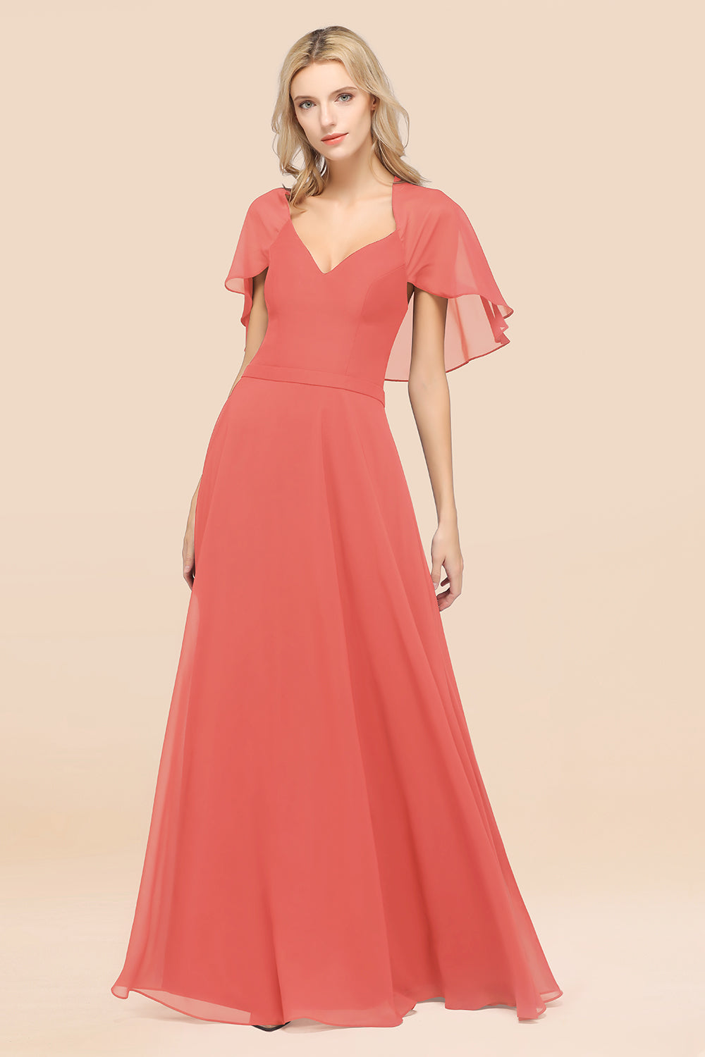 Chic Satin V-Neck Long Burgundy Chiffon Bridesmaid Dresses with Flutter Sleeve - Fashionpara