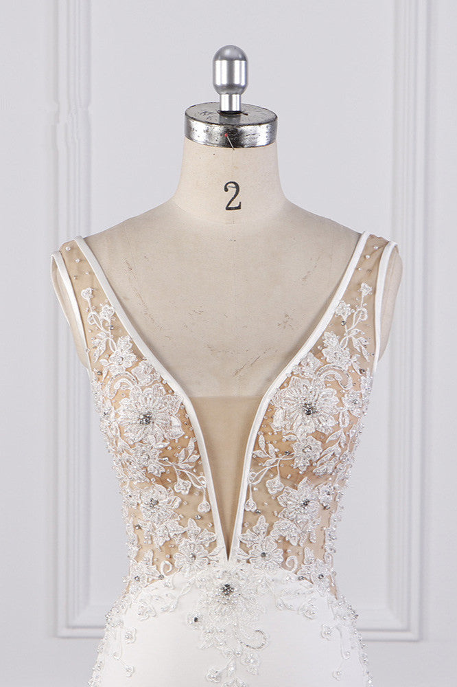 Chic Sheath White Satin V-neck Wedding Dress Tulle Lace Appliques Bridal Gowns - Fashionpara