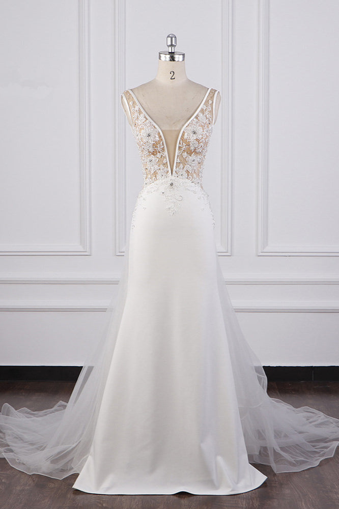 Chic Sheath White Satin V-neck Wedding Dress Tulle Lace Appliques Bridal Gowns - Fashionpara