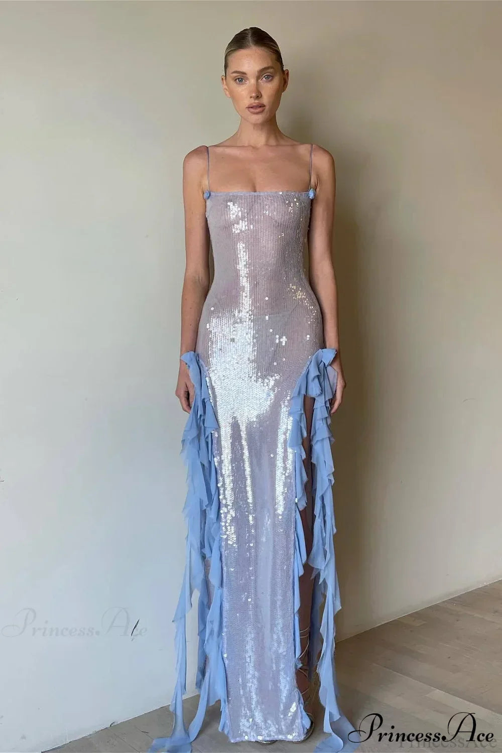 Sequin Spaghetti Strap Ruffle Slit Mermaid Gown